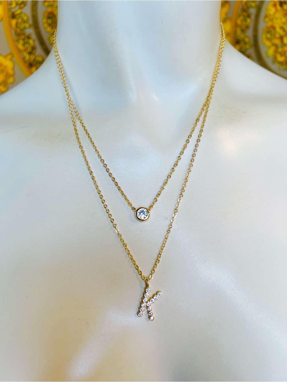 18k yellow gold filled K initial 💎 CZ diamond bezel set layered necklace letter